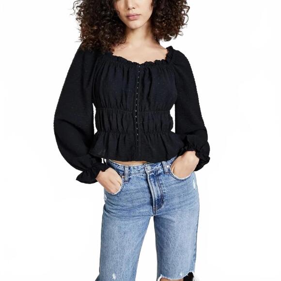 And Now This Tops - Dobby Dot Blouson Long Ruffle Sleeve Sweetheart Top And Now This Black NWT XXS